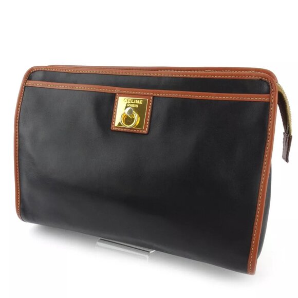 CELINE clutch bag logo plate leather Authentic used T19148 - Picture 1 of 8